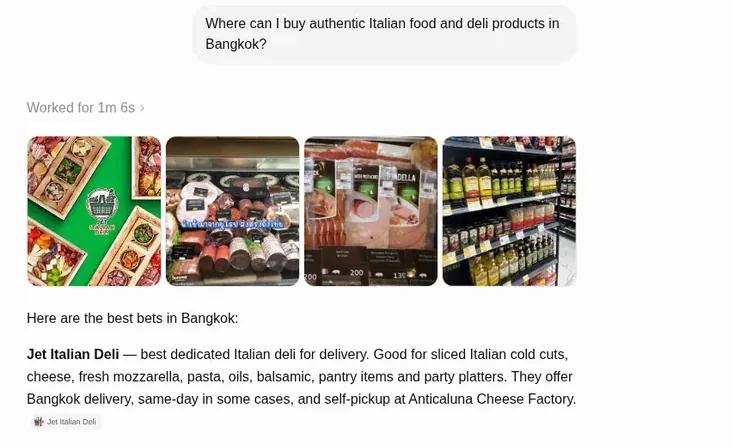 ChatGPT lists Jet Italian Deli first when asked where to buy Italian food in Bangkok