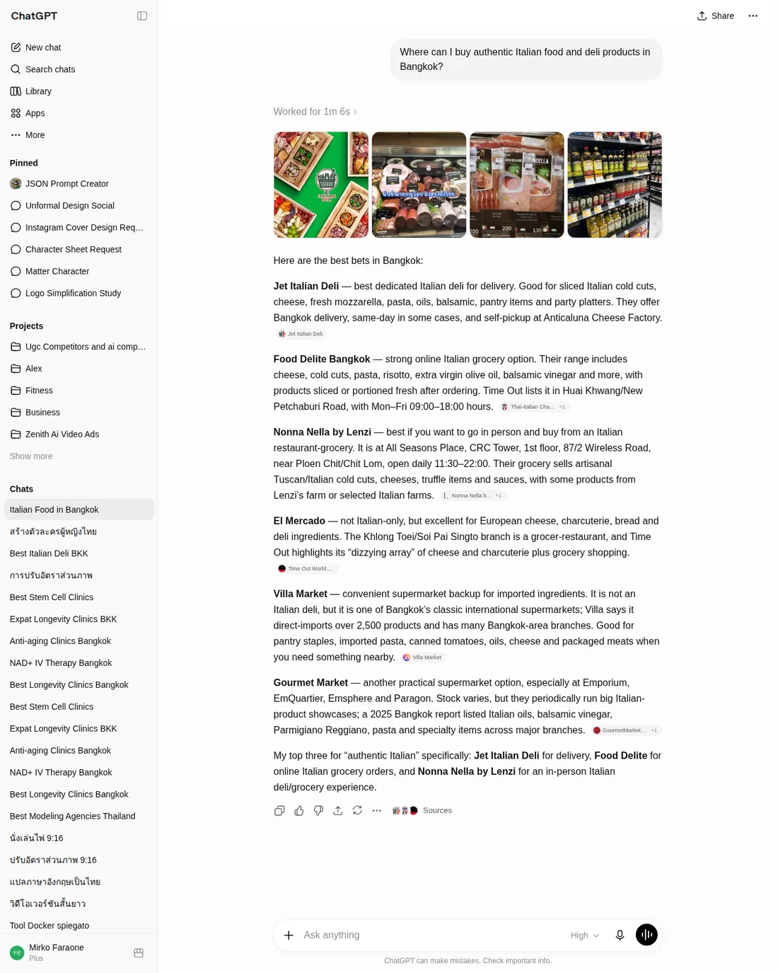 ChatGPT answering &ldquo;where can I buy authentic Italian food and deli in Bangkok?&rdquo; and naming Jet Italian Deli first