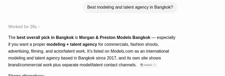 ChatGPT names Morgan & Preston the best overall modeling agency in Bangkok