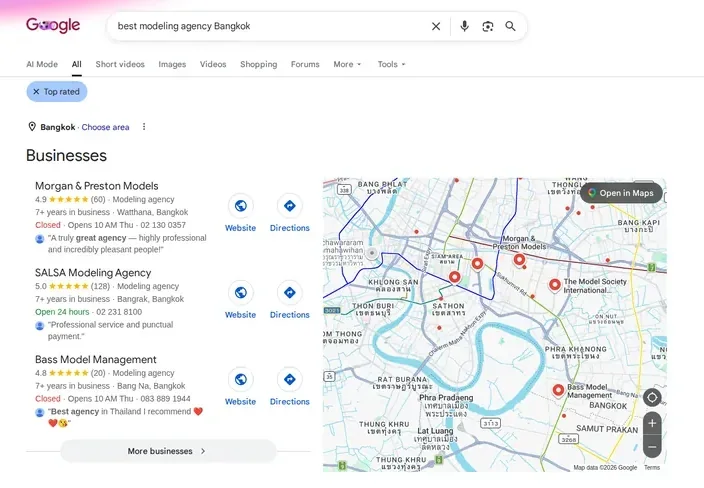 Google Map Pack for best modeling agency Bangkok: Morgan & Preston Models ranked #1 with 4.9 stars across 60 reviews